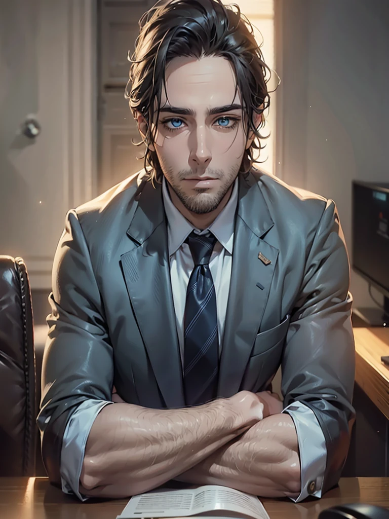 Portrait of a 30-year-old man in suit and tie sitting on a black leather chair, with his arms on the table, Office, body and head straight in the photo and facing the viewer of the photo, Office, blue eyes staring at the lens, appears shoulders and head in the photo, man centered in the photo, blurred background, 8k, best quality, masterpiece, realistic, realistic photo, movie photo, ultra realistic, 1 person, detailed, perfect lighting, DSRL, professional photo, 4k.