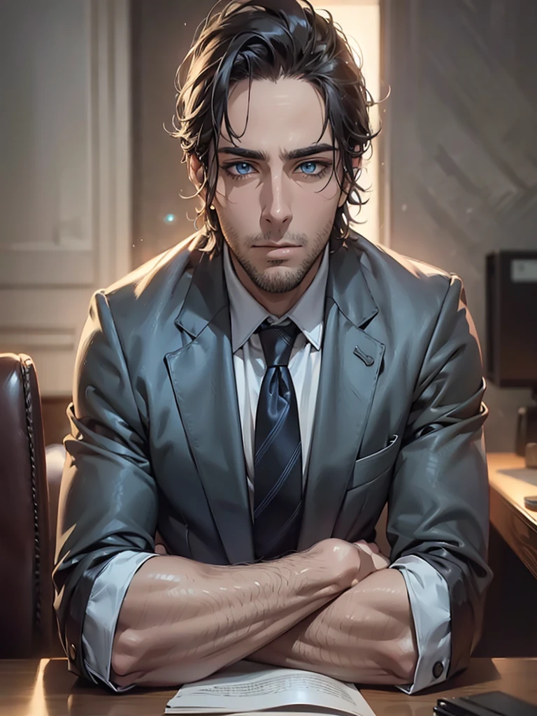 Portrait of a 30-year-old man in suit and tie sitting on a black leather chair, with his arms on the table, Office, body and head straight in the photo and facing the viewer of the photo, Office, blue eyes staring at the lens, appears shoulders and head in the photo, man centered in the photo, blurred background, 8k, best quality, masterpiece, realistic, realistic photo, movie photo, ultra realistic, 1 person, detailed, perfect lighting, DSRL, professional photo, 4k.