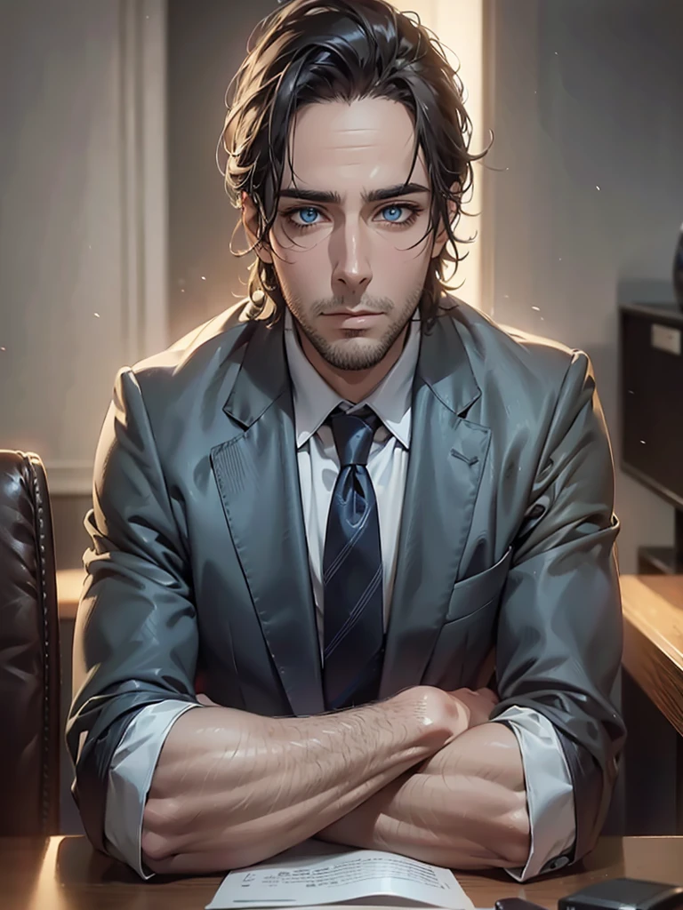 Portrait of a 30-year-old man in suit and tie sitting on a black leather chair, with his arms on the table, Office, body and head straight in the photo and facing the viewer of the photo, Office, blue eyes staring at the lens, appears shoulders and head in the photo, man centered in the photo, blurred background, 8k, best quality, masterpiece, realistic, realistic photo, movie photo, ultra realistic, 1 person, detailed, perfect lighting, DSRL, professional photo, 4k.