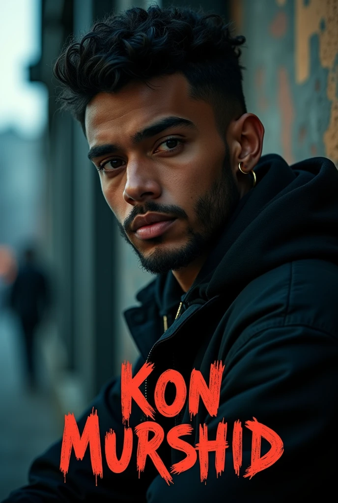 Create cinematic Rap Cover poster , rapper name as text on poster "Kon Murshid?" Rapper age 27 years handsome guy