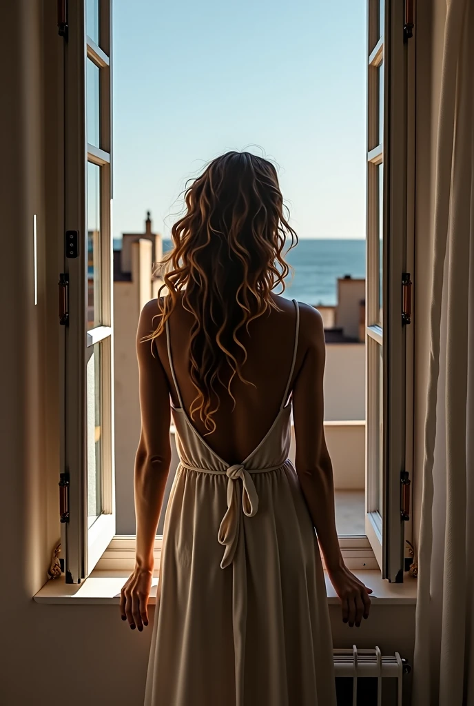 woman looking out of open window, soft blue light filtering through, surreal atmosphere, sea breeze flowing through curtains, barely perceptible distinction between dress fabric and sky, woman's curls like waves, detailed portrait, photorealistic, cinematic lighting, dreamlike, muted color palette, (best quality,8k,highres,masterpiece:1.2),ultra-detailed,(realistic,photorealistic,photo-realistic:1.37),portrait,chiaroscuro,natural lighting,muted tones,soft focus,ethereal,serene,contemplative