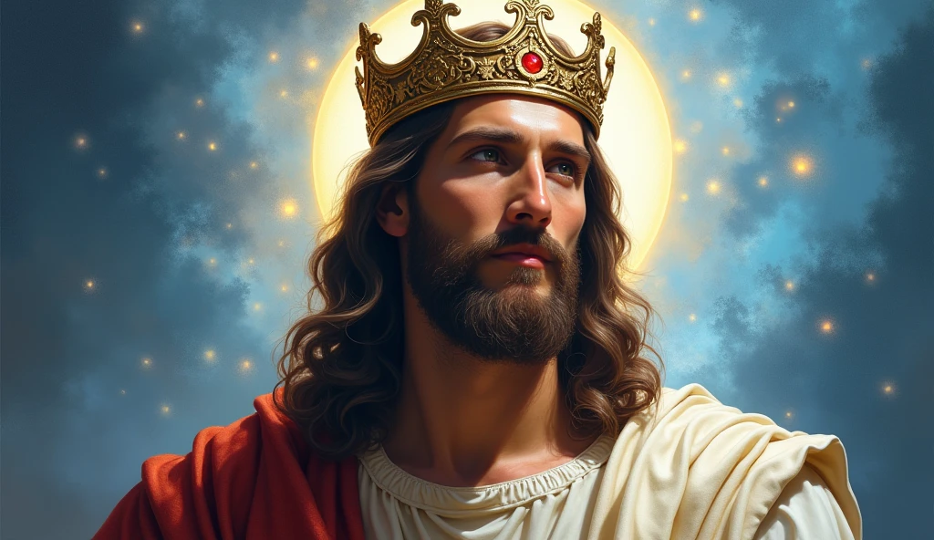 Jesus with a king's crown on his head, JesusChrist, the lord and savior, portrait of JesusChrist, Jesus of Nazareth, brilliant light masterpiece, jesus, greg olsen, king of kings, beautiful image already created, image background a kingdom of beautiful, blue and silver colors, sua mente contemplando a eternidade, glorious light,!! with a serene look and a slight smile!