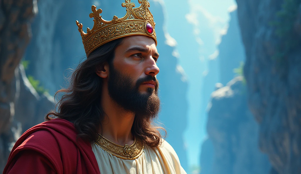 Jesus with a king's crown on his head, JesusChrist, the lord and savior, portrait of JesusChrist, Jesus of Nazareth, brilliant light masterpiece, jesus, greg olsen, king of kings, beautiful image already created, image background a kingdom of beautiful, blue and silver colors, sua mente contemplando a eternidade, glorious light,!! with a serene look and a slight smile!