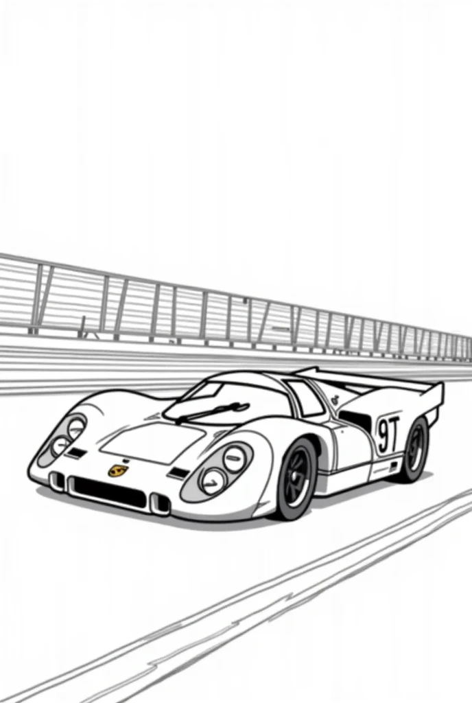 Create an image of a Porsche 917
Brand: Porsche
Nationality: Germany
Model: 917
Year of Manufacture: 1969, with a race track background, straight line art, coloring book page