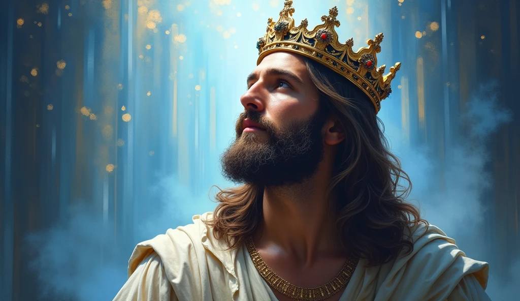 Jesus with a king's crown on his head, JesusChrist, the lord and savior, portrait of JesusChrist, Jesus of Nazareth, brilliant light masterpiece, jesus, greg olsen, king of kings, beautiful image already created, image background a kingdom of beautiful, blue and silver colors, sua mente contemplando a eternidade, glorious light,!! with a serene look and a slight smile!