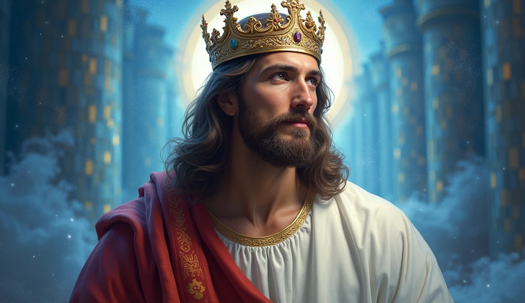 Jesus with a king's crown on his head, JesusChrist, the lord and savior, portrait of JesusChrist, Jesus of Nazareth, brilliant light masterpiece, jesus, greg olsen, king of kings, beautiful image already created, image background a kingdom of beautiful, blue and silver colors, sua mente contemplando a eternidade, glorious light,!! with a serene look and a slight smile!