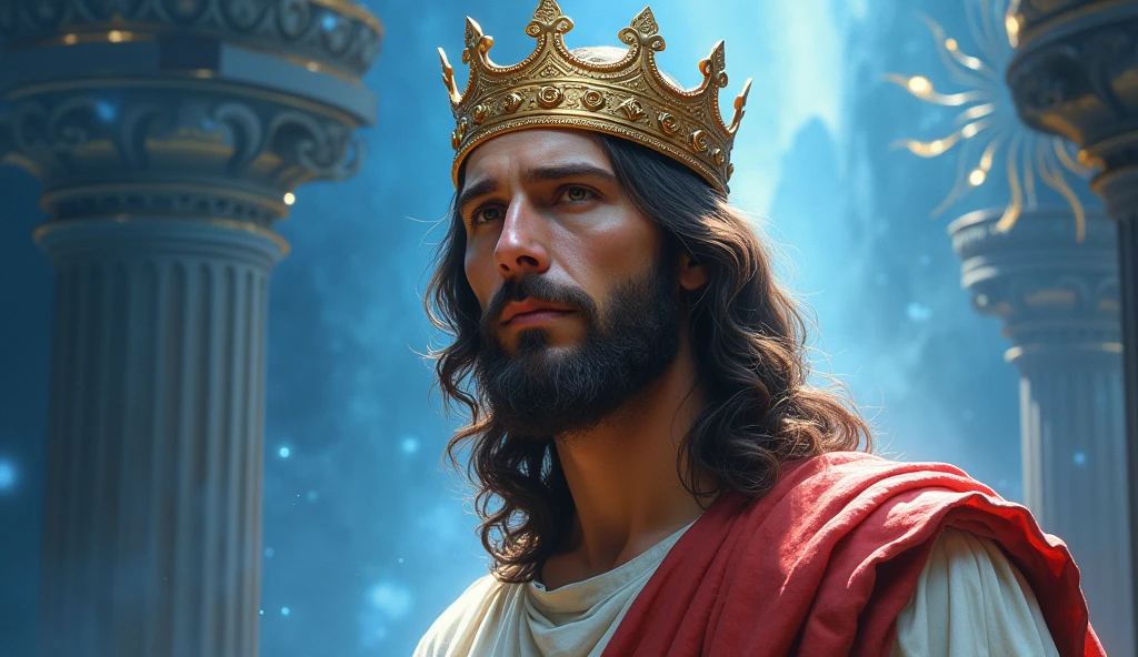 Jesus with a king's crown on his head, JesusChrist, the lord and savior, portrait of JesusChrist, Jesus of Nazareth, brilliant light masterpiece, jesus, greg olsen, king of kings, beautiful image already created, image background a kingdom of beautiful, blue and silver colors, sua mente contemplando a eternidade, glorious light,!! with a serene look and a slight smile!