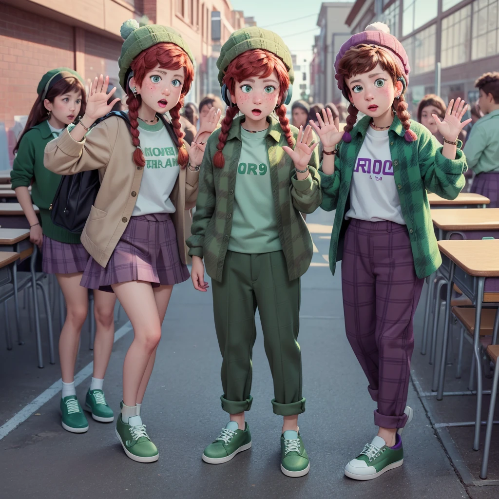 Miriam Mendelsohn

m_m, (((1 girl))) , green eyes, red hair, braids, freckles , fur hat, earrings , headphones, flannel shirt green , shirt mint green , trousers dry green , (((plum shoes))) ,

score_9, score_8_up, score_7_up,

(((at school))) , (((full body))), looking at viewer, waving,