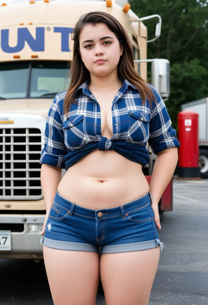 Acute woman (lovely face, a little chubby, moderate bust, big butt, flannel shirt open, blue jean shorts, work boots), posing next to her huge semi (tractor trailer, gas station parking lot