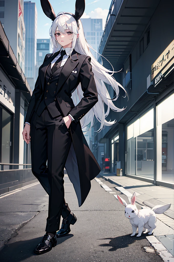 1woman, white hair, black eyes, black suit, rabbit ears, rabbit tail, standing on ground, high res, ultra sharp, 8K, masterpiece