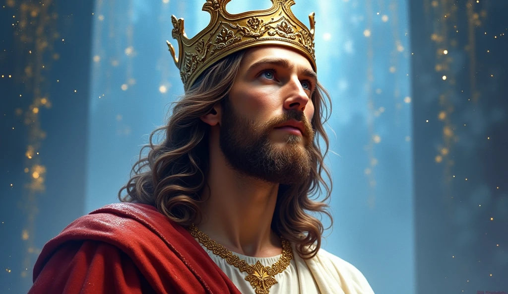 Jesus with a king&#39;s crown on his head, JesusChrist, the lord and savior, portrait of JesusChrist, Jesus of Nazareth, brilliant light masterpiece, jesus, greg olsen, king of kings, beautiful image already created, image background a kingdom of beautiful, blue and silver colors, sua mente contemplando a eternidade, glorious light,!! with a serene look and a slight smile!
