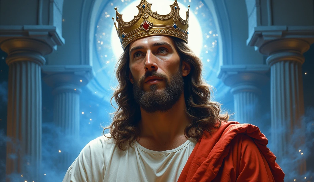Jesus with a king's crown on his head, JesusChrist, the lord and savior, portrait of JesusChrist, Jesus of Nazareth, brilliant light masterpiece, jesus, greg olsen, king of kings, beautiful image already created, image background a kingdom of beautiful, blue and silver colors, sua mente contemplando a eternidade, glorious light,!! with a serene look and a slight smile!