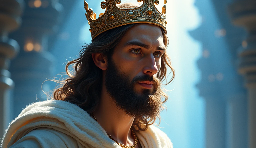 Jesus with a king&#39;s crown on his head, JesusChrist, the lord and savior, portrait of JesusChrist, Jesus of Nazareth, brilliant light masterpiece, jesus, greg olsen, king of kings, beautiful image already created, image background a kingdom of beautiful, blue and silver colors, sua mente contemplando a eternidade, glorious light,!! with a serene look and a slight smile!
