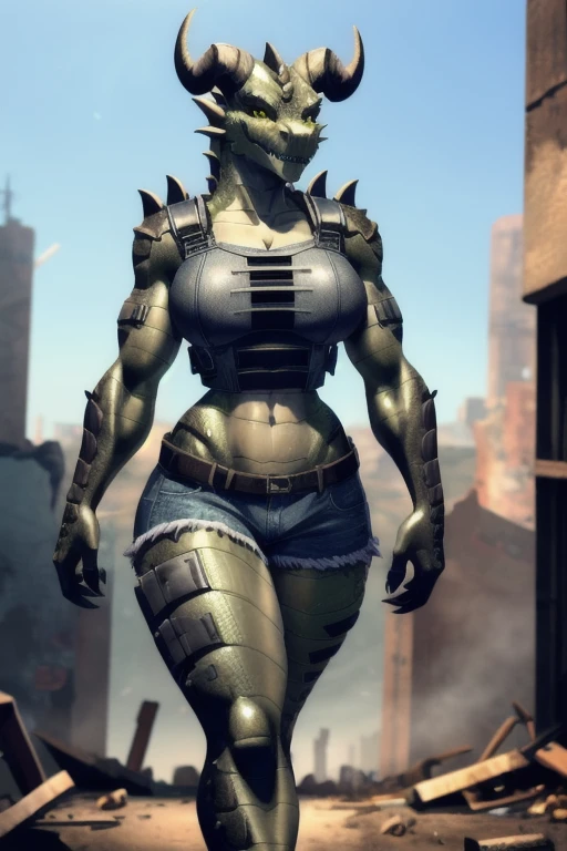 ((4k)), (best body), (sexy women), Solo, score_9,score_8_up,score_7_up, kemono style, Anthro deathclaw from fallout, Anthro reptile girl, snout, green scaled skin, gold eyes, black lips, black horns, black ram horns, athletic body, smiling, walking in a ruined city, holding a rusty gun, wearing bodyarmor, bulletproof vest, blue jean shorts and a blue tank top, sfw, intimidating woman, monstergirl, sleek female dragon head, as an anthropomorphic dragon, commission for high res, female dragonborn, well designed female dragon head, anthro lizard, female fursona,  female dragon head