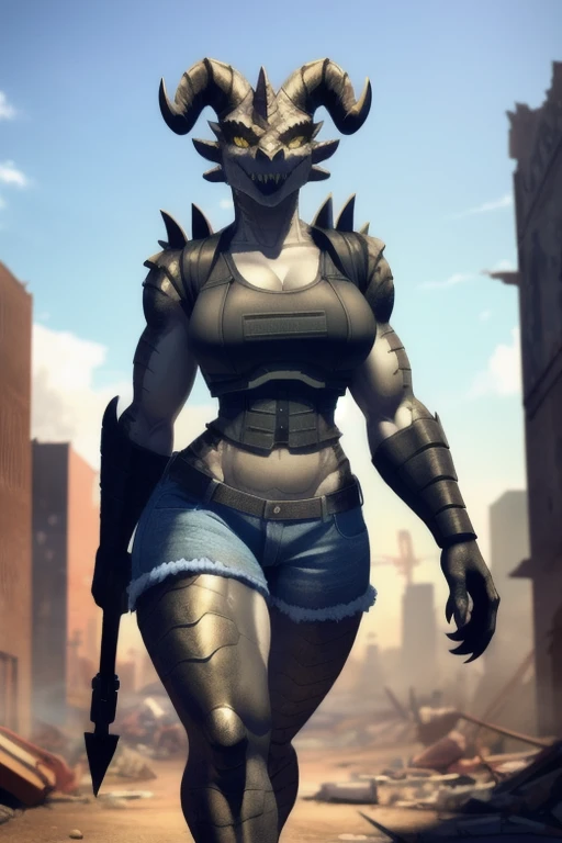 ((best quality)), (detailed), 1 brutal women, 8k_wallpaper, extremely detailed eyes, (large masterpiece digital art), (intricate details:1.3 ), (ultra-detailed:1.3), (sharp focus:1.3), (natural lighting:1.05), (vivid colors:1.3), (best quality:1.4), expressive eyes, full body, detailed face, beautiful face, perfect face, ((hair black curls)), ((blue horns)), (gold eyes), {{dark skin}}, ({dark skinned female}), (big breasts), huge chest, big wide ass, powerful relief muscles of the abdomen and legs, powerful strong muscles of the arms, a predatory and daring look, a predatory smile with a lot of fangs, dressed in an open white coat with rolled up sleeves, a translucent blue crop top through the fabric, the clear outlines of large pointed nipples are visible, denim mini-shorts, leather gloves, steel bracelets, a large hiking backpack, walks along the street of a large metropolis in the cyberpunk style with many advertising neon tabloids and labels of establishments, sunny day, light fog,