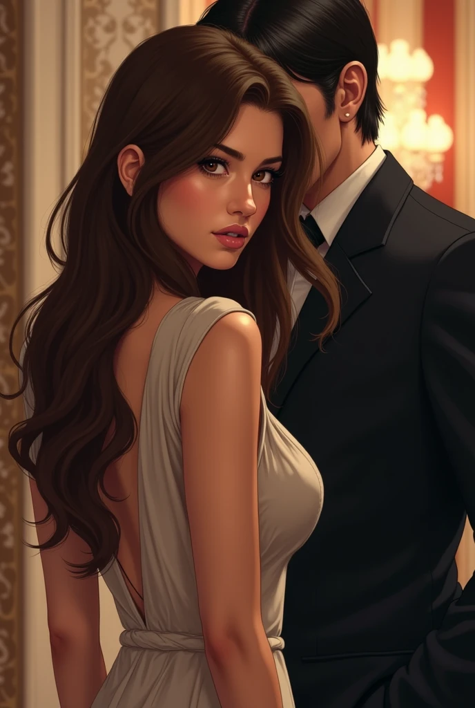 A woman with long brown hair, eyes browns, fine strokes, not wanting to talk to a man with straight black hair, expressive dark eyes, aristocratic origin, who runs after the woman who doesn&#39;t want to talk to him The woman has her back to him,  away from man, longe dele, ignoring the man, SHE&#39;S BACK TO YOU Chic atmosphere, PICTURE REALISTIC