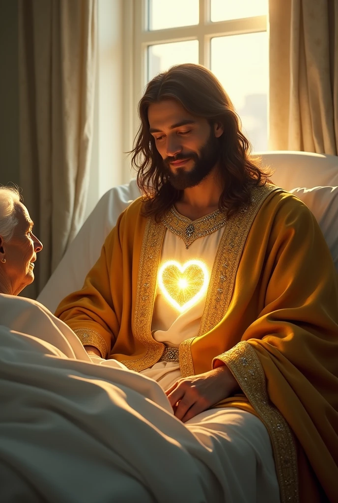 (photorealism:1.2), handsome Jesus Christ, sitting on bed beside of old patient in the hospital, wearing a gold color of king clothes with light in his heart and head sparkling all over, many diamonds, nice hair, indoors, soft lighting, hospital bed in the background, window with sunlight, cozy room, relaxed pose, realistic, intricate details, warm colors,