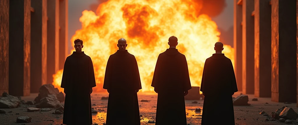 4 Jesuit priests with a bomb exploding behind them.