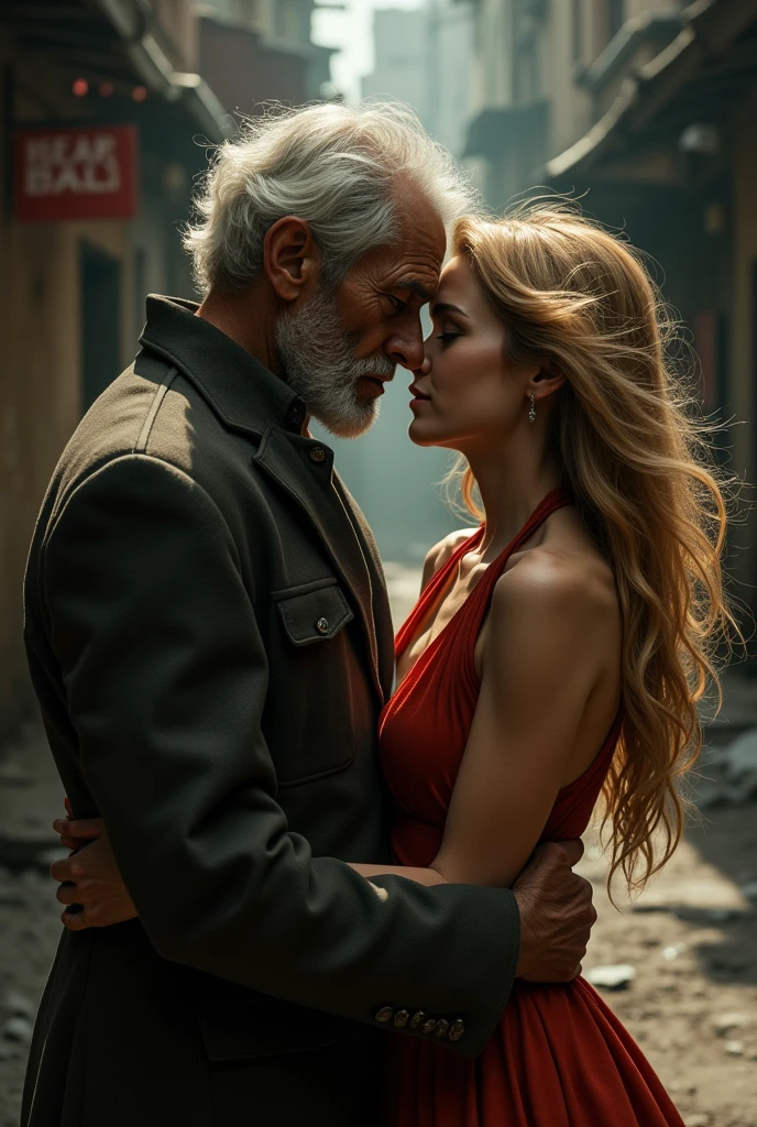 a fat old homeless black man, a rich beautiful blonde woman, kissing, extremely detailed, cinematic lighting, dramatic composition, epic romance, photorealistic, 8k, high quality, masterpiece, hyper realistic, dramatic atmosphere, stunning colors, dynamic pose, intense emotion, chiaroscuro lighting, classical art style, oil painting