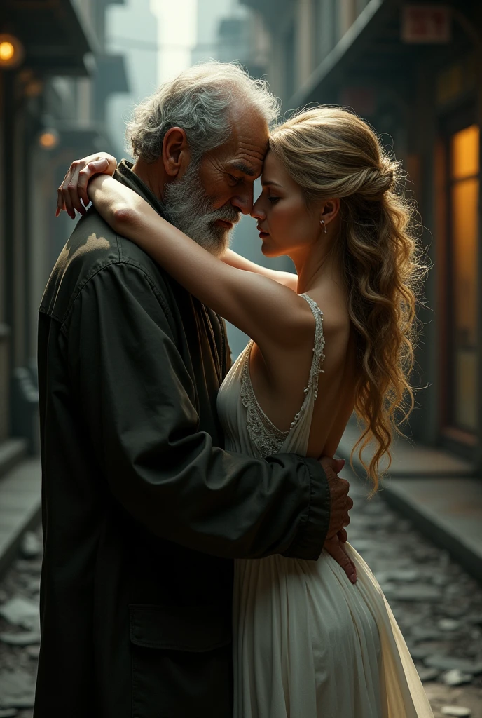 a fat old homeless black man, a rich beautiful blonde woman, kissing, extremely detailed, cinematic lighting, dramatic composition, epic romance, photorealistic, 8k, high quality, masterpiece, hyper realistic, dramatic atmosphere, stunning colors, dynamic pose, intense emotion, chiaroscuro lighting, classical art style, oil painting