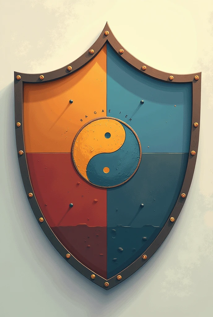 Shield divided into four quadrants: Each quadrant could represent a key emotion (happiness, sadness, Ira, calm). In the middle, where the quadrants meet, You could place a balance symbol or a yin-yang, indicating how all emotions come together and are managed to achieve harmony.