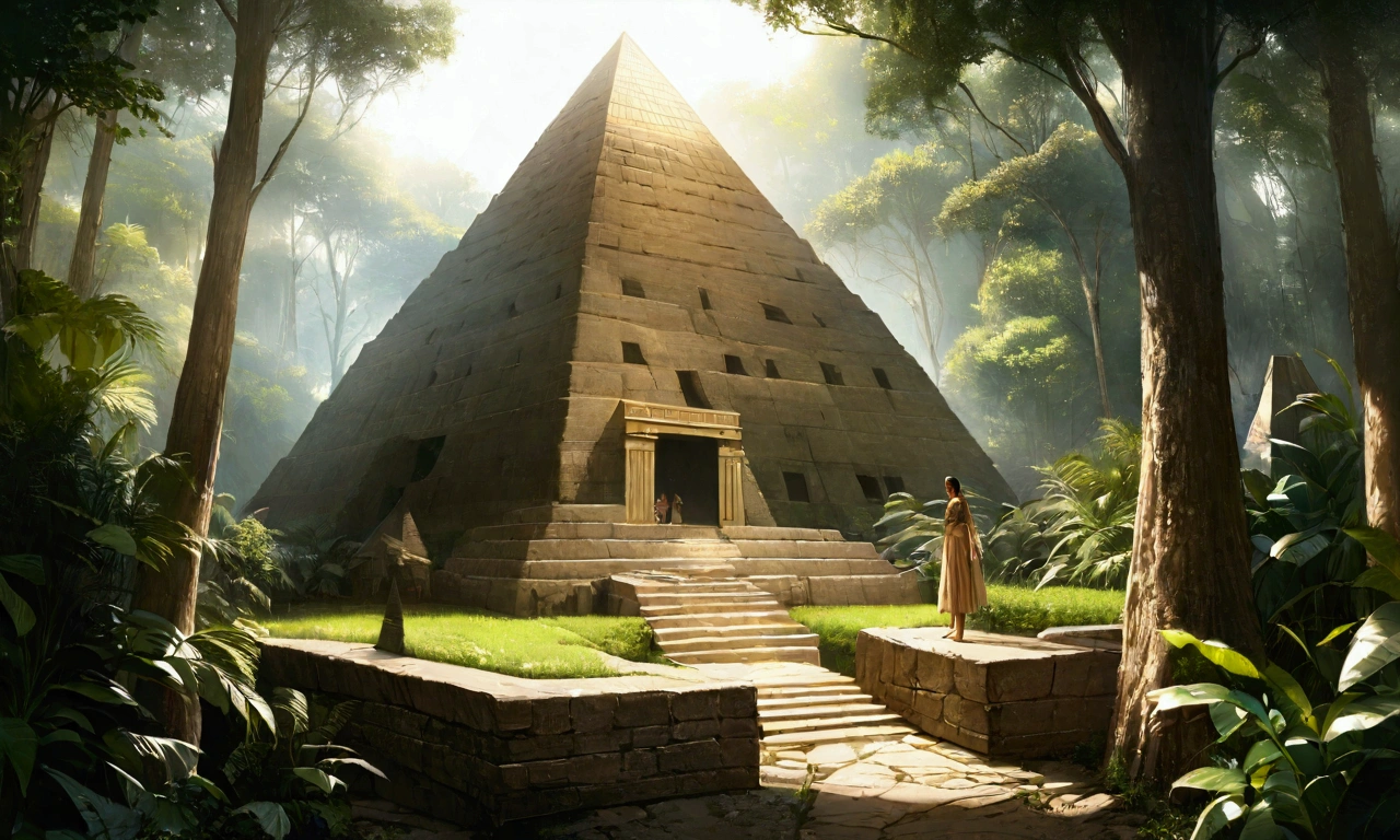 Understood, Trees in the deep forest々The lost city surrounded by, Golden Pyramid, Shining in the sunshine, Realistic photos,Size: 1280 x 720