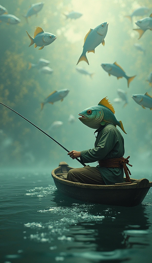 a man with the head of a fish fishing on a boat, water full of fishes with the head of a man