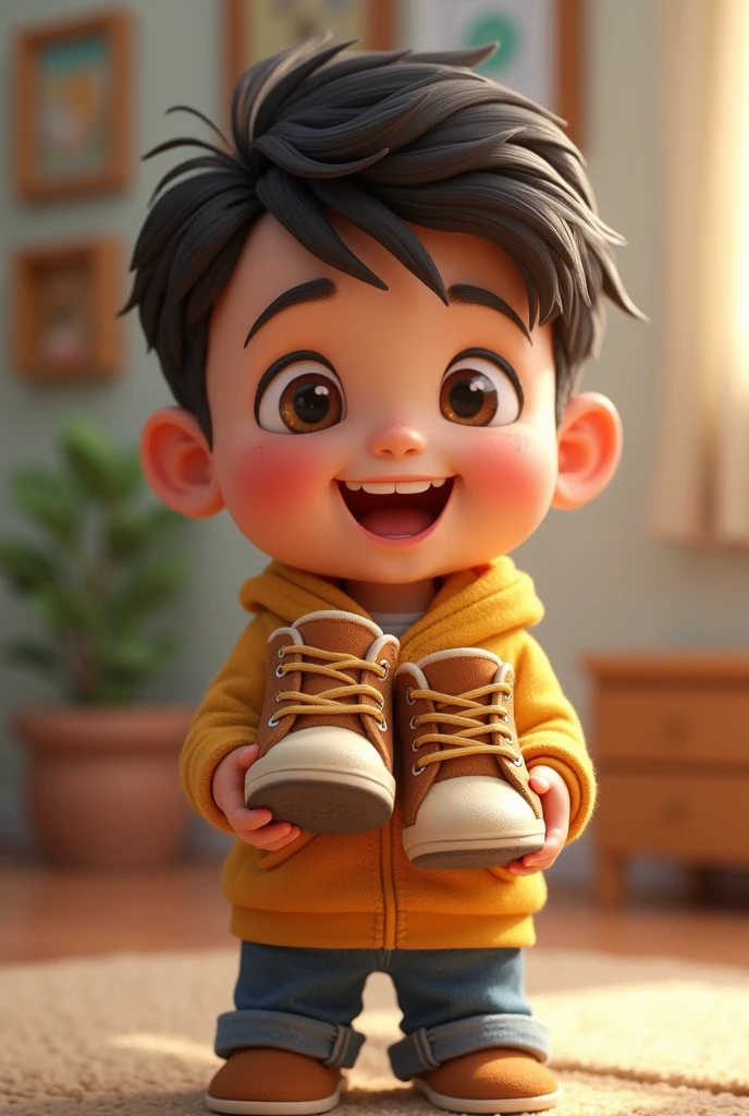 

Description: A boy is proudly showing off his new booties. He looks at the camera with a satisfied smile.


