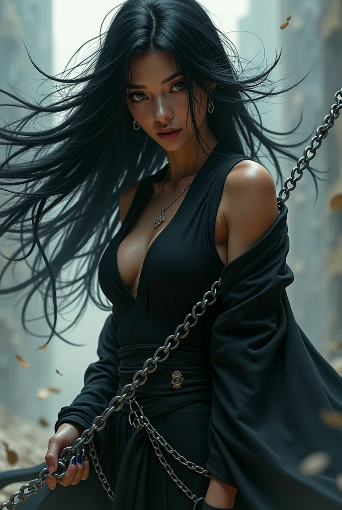 a female ninja with flowing black hair, intricate chained weaponry, chains emanating from all directions, chains flying randomly towards the viewer, strong sense of depth and perspective, highly detailed, ultra-realistic, cinematic lighting, dramatic color palette, masterpiece, award-winning digital art