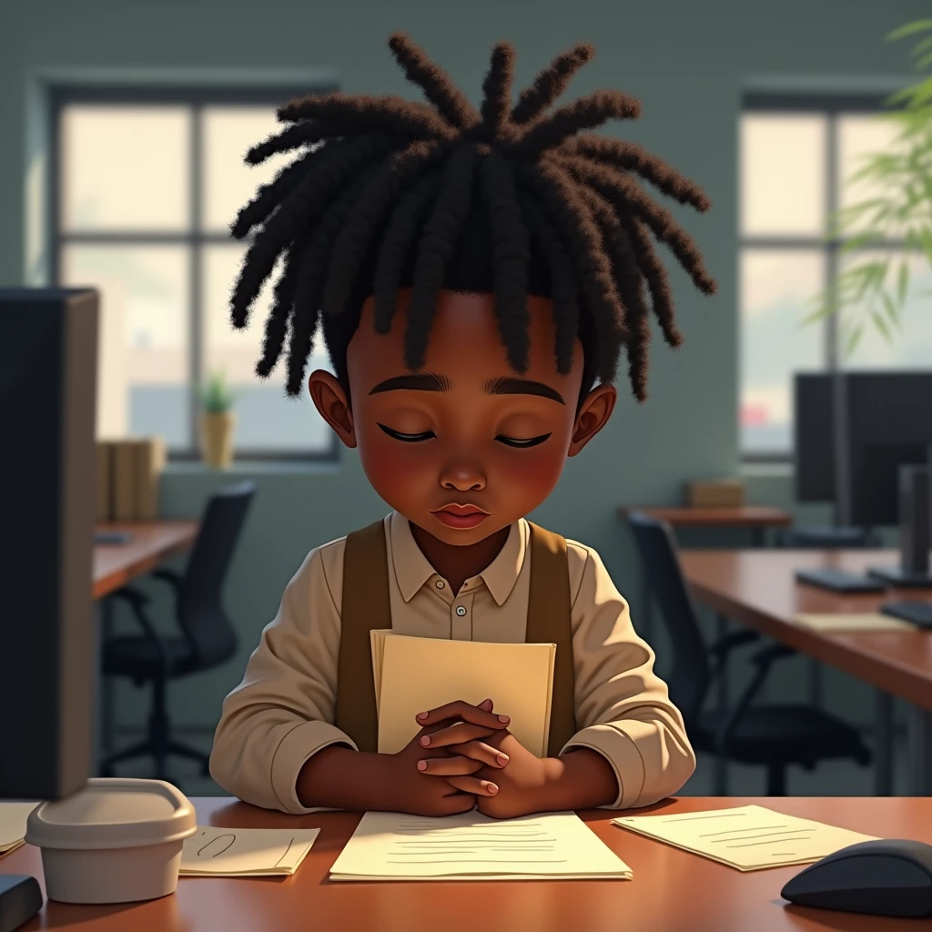 Black skinned boy, dreadlocks, holding envelopes at work, praying 