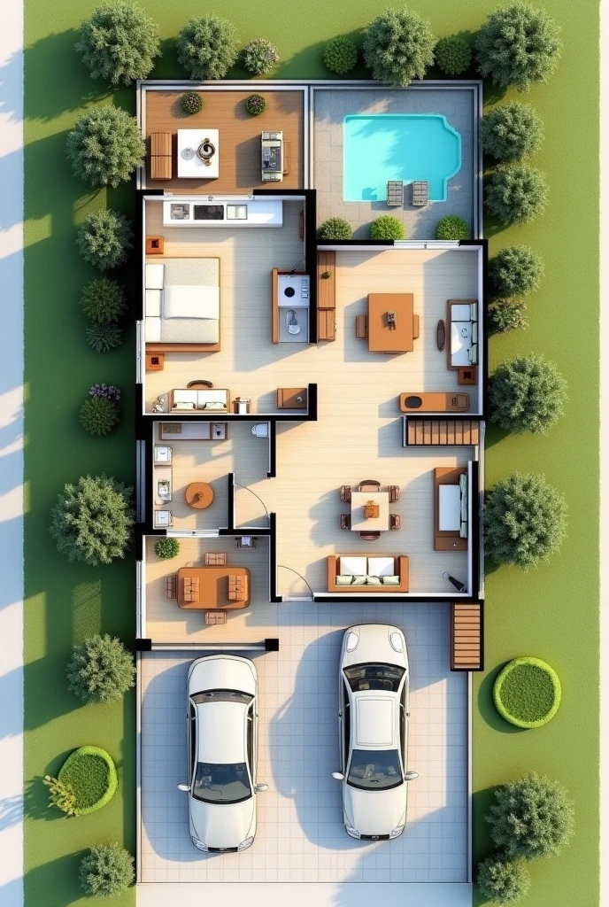 generate me an image of a floor plan with all the following items, with the land of 12,5 for 25.6:
"2 suites: one for him and one for the children;
 2 Social bathrooms: one in the leisure area and another near the dining room/be;
 1 Office: space dedicated to the work of an electrical engineer;
 1 Music Room: with acoustic insulation for practicing instruments such as guitar, guitar and drums;
 1 Leisure Area with a beautiful garden at the back of the house with a social bathroom;
 1 Kitchen: Spacious and well lit, with “island” for food preparation;
 1 Service Area: closed and located at the back of the house;
 1 Sala de be e de jantar: in an open concept to facilitate circulation and promote a feeling of spaciousness;
 2-car garage "