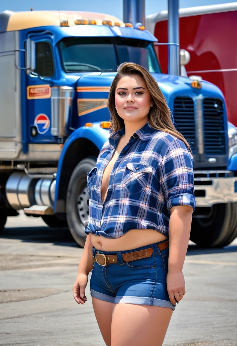 Acute woman (lovely face, a little chubby, moderate bust, big butt, flannel shirt open, blue jean shorts, work boots), posing next to her huge semi (tractor trailer, gas station parking lot