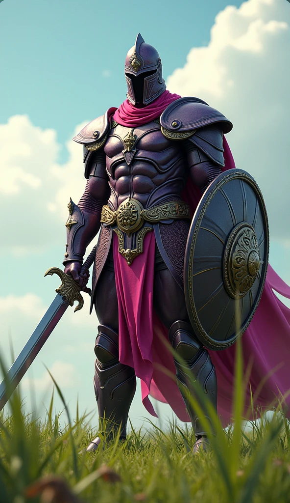 Strong male warrior, whole body, Dark pink armor and helmet, Holding a sword and shield, grassland
