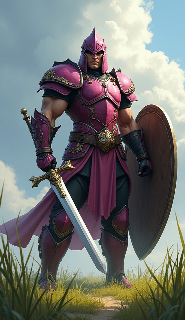 Strong male warrior, whole body, Dark pink armor and helmet, Holding a sword and shield, grassland