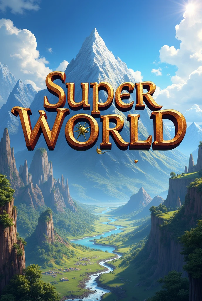 The home screen of an open world RPG game, called super world, this screen has the name of the game