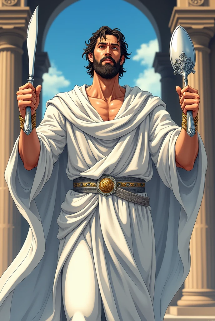 ((Blue clothing),(Dark beard),(Wine-colored hair),(Expressive look),Greek god Dionysus,(Holding wine bottle),(Standing in front of tree))
