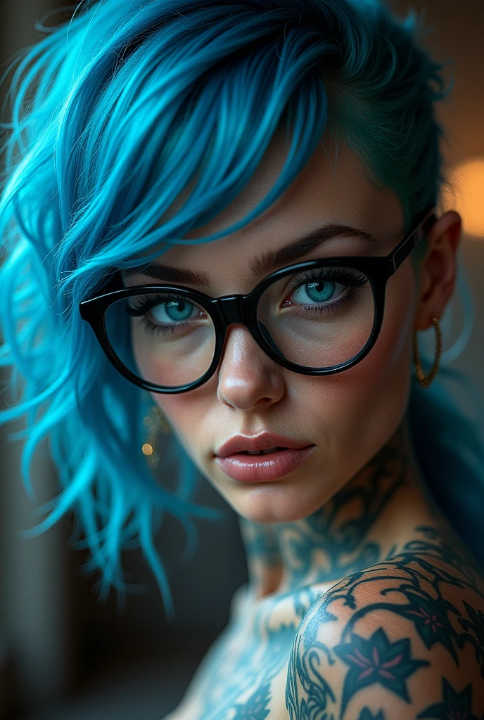 a close up of a woman with blue hair and glasses, inked, tattooed body, inked and colored, tattooed pinup, tattooed, beautiful blue haired girl, with tattoos, black and blue, sexy girl, detailed and sharp, brilliantly colored, sexy look, style of ink, pretty girl with blue hair, blue and black, tattoos, fully tattooed body, seductive cyberpunk dark fantasy