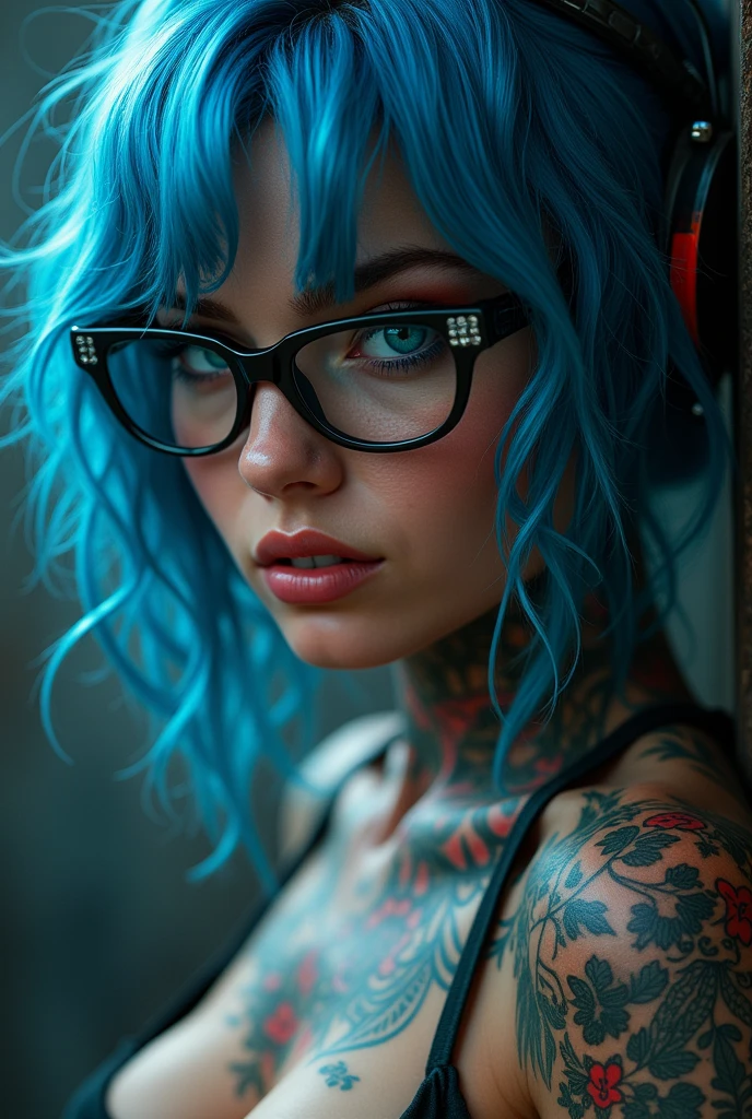 a close up of a woman with blue hair and glasses, inked, tattooed body, inked and colored, tattooed pinup, tattooed, beautiful blue haired girl, with tattoos, black and blue, sexy girl, detailed and sharp, brilliantly colored, sexy look, style of ink, pretty girl with blue hair, blue and black, tattoos, fully tattooed body, seductive cyberpunk dark fantasy