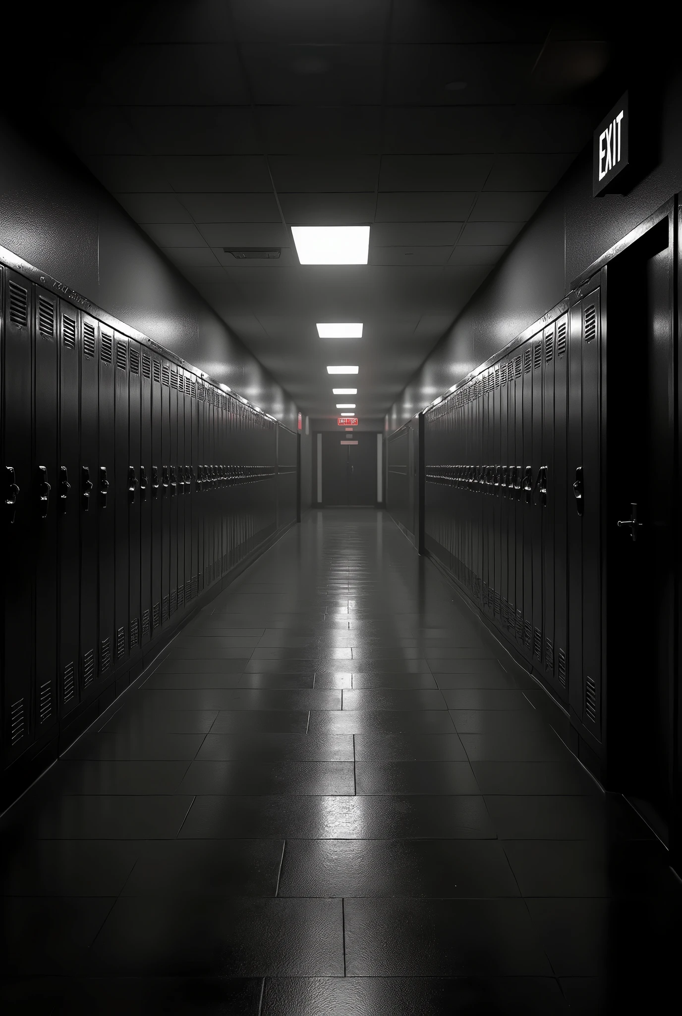 long dark school hallway in black and white