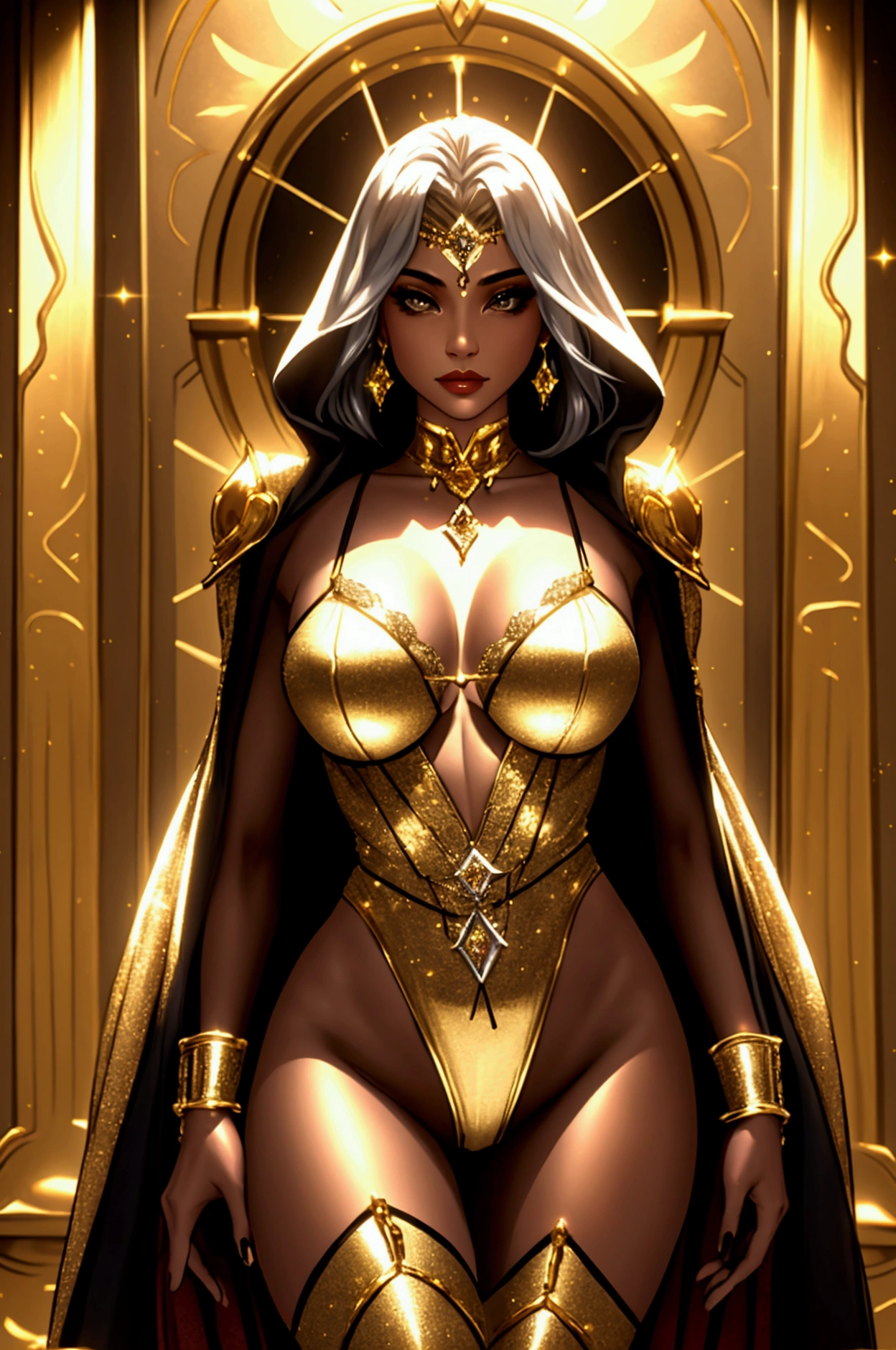 Full diamond skin woman covering her . With silver-colored lingerie . Room background with gold details