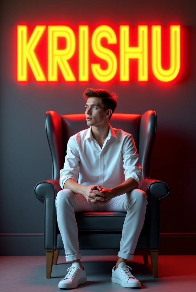 
SHIRT] - " Create a 3D illusion for a profile picture where a 2 cute boy in a white shirt Sitting casually on a Wingback chair. Wearing sneakers, he looks ahead. The background features "KRISHU" in big and capital Orange neon light fonts on the dark grey wall. There should not be his shadow, and there a