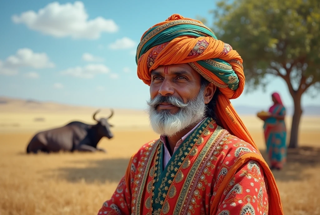 Create an image of Tejaji Maharaj with traditional and decorative Rajasthani turban on the head. Tejaji Maharaj is wearing colorful clothes, which reflect his royal dignity. He has white shiny shoes on his feet. He has only a mustache on his face, which shows his strength and courage. There should be a blue sky in the background, a big field and two bulls are sitting under a tree and Tejaji Maharaj is also sitting and a woman is coming from a distance with food in her hand.