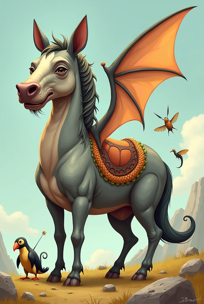 Create a horse with a dog's head, elephant ears, penguin mouth, dragon wings and cockroach legs