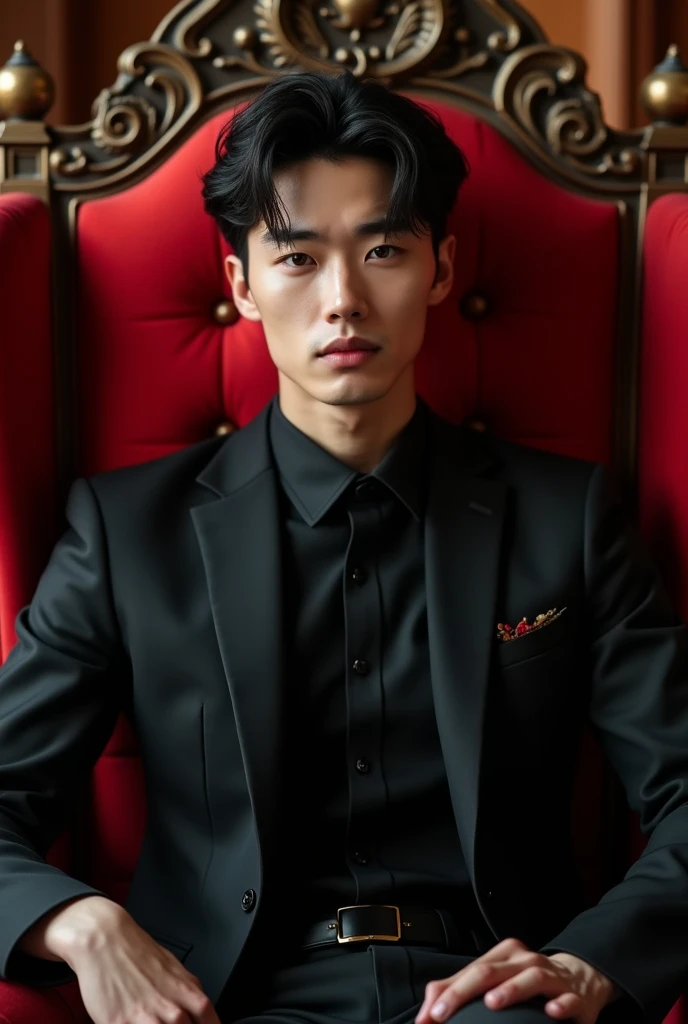 1 Handsome 25 yearsold korean man wearing black suit sitting in the red royal chair and his 2 hands put in the armchair. portrait.