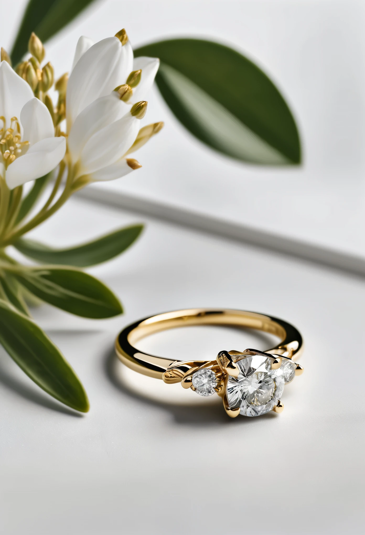 A stunningly exquisite engagement ring made of both gold and silver, delicately held by four prongs, showcases a brilliant white clean 0.3ct diamond. In the background, a captivating botanical image adds a touch of complexity to the composition while maintaining a simplistic, white clean backdrop. This studio photograph, captured with raw authenticity, epitomizes the epitome of craftsmanship and professionalism. With meticulous attention to detail, the image exudes sheer elegance and sophistication, making it a masterpiece in its own right.