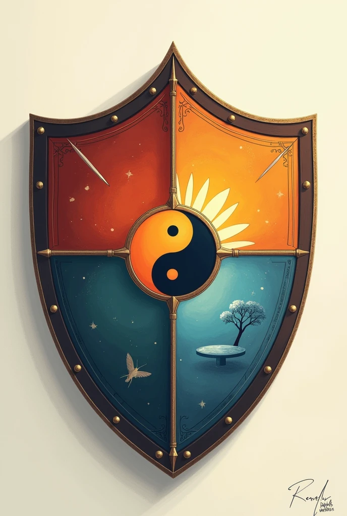 Shield divided into four quadrants: Each quadrant could represent a key emotion (happiness, sadness, Ira, calm). In the middle, where the quadrants meet, You could place a balance symbol or a yin-yang, indicating how all emotions come together and are managed to achieve harmony.