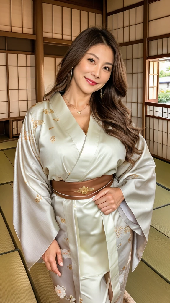 60 year old mature woman, Alone, Casual hair, Looking at the audience, (Orgasm face), Gray and white blonde hair, Brown eyes, Luxury gold jewelry, Full body, (((Looks apical kimono fashion, beautiful and sexy))), Realistic, Sexy, beautiful color, perfect skin, 3 breast sizes. (Realistic, high resolution), photo size 3:4, 1 cute sexy mature woman, expressive big brown eyes, happy, ( 8K, raw photo, Best quality, High detail, curvaceous shape, curvaceous body, full body from the tip head to toe, smile Incredible Pleasure, (((Background Typical Japanese house))),