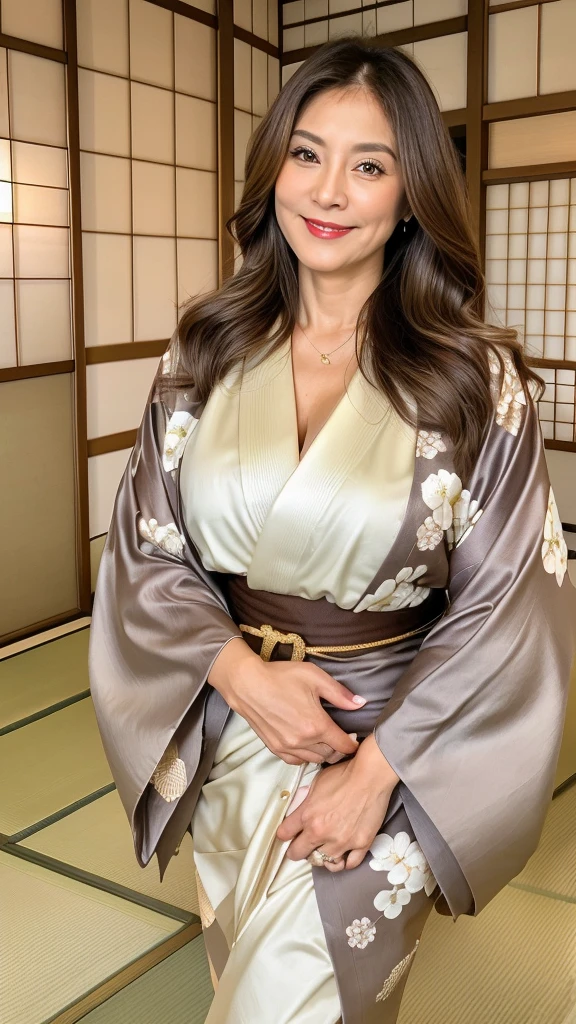 60 year old mature woman, Alone, Casual hair, Looking at the audience, (Orgasm face), Gray and white blonde hair, Brown eyes, Luxury gold jewelry, Full body, (((Looks apical kimono fashion, beautiful and sexy))), Realistic, Sexy, beautiful color, perfect skin, 3 breast sizes. (Realistic, high resolution), photo size 3:4, 1 cute sexy mature woman, expressive big brown eyes, happy, ( 8K, raw photo, Best quality, High detail, curvaceous shape, curvaceous body, full body from the tip head to toe, smile Incredible Pleasure, (((Background Typical Japanese house))),