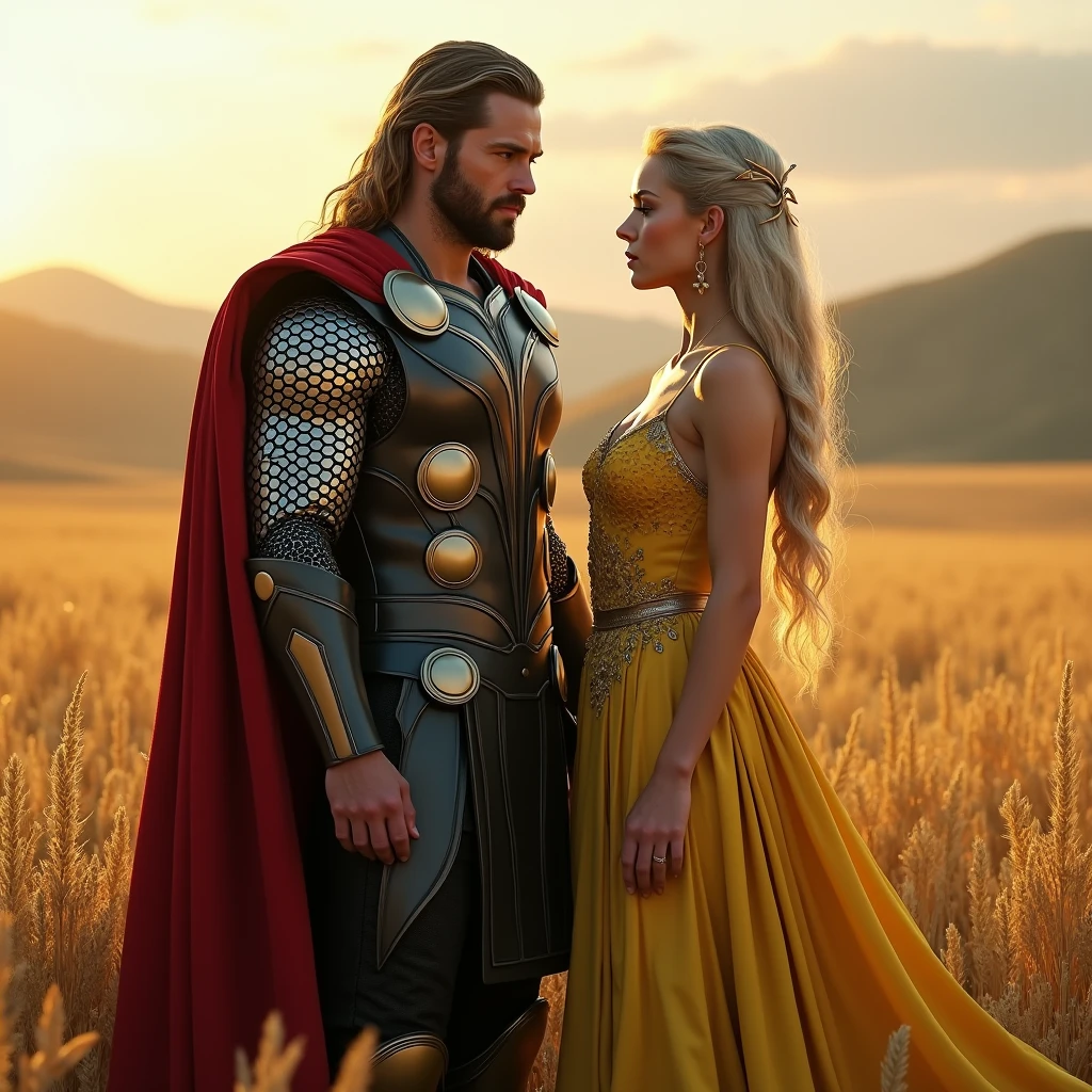 Thor with Sif, a god and his wife together, Norse mythology, Thor in armor and Sif in a flowing gown, their home in Asgard, standing side by side with a look of unity, with the golden fields of Asgard in the background, medium shot, hyper-realistic, photo realism, cinematography --ar 1:1