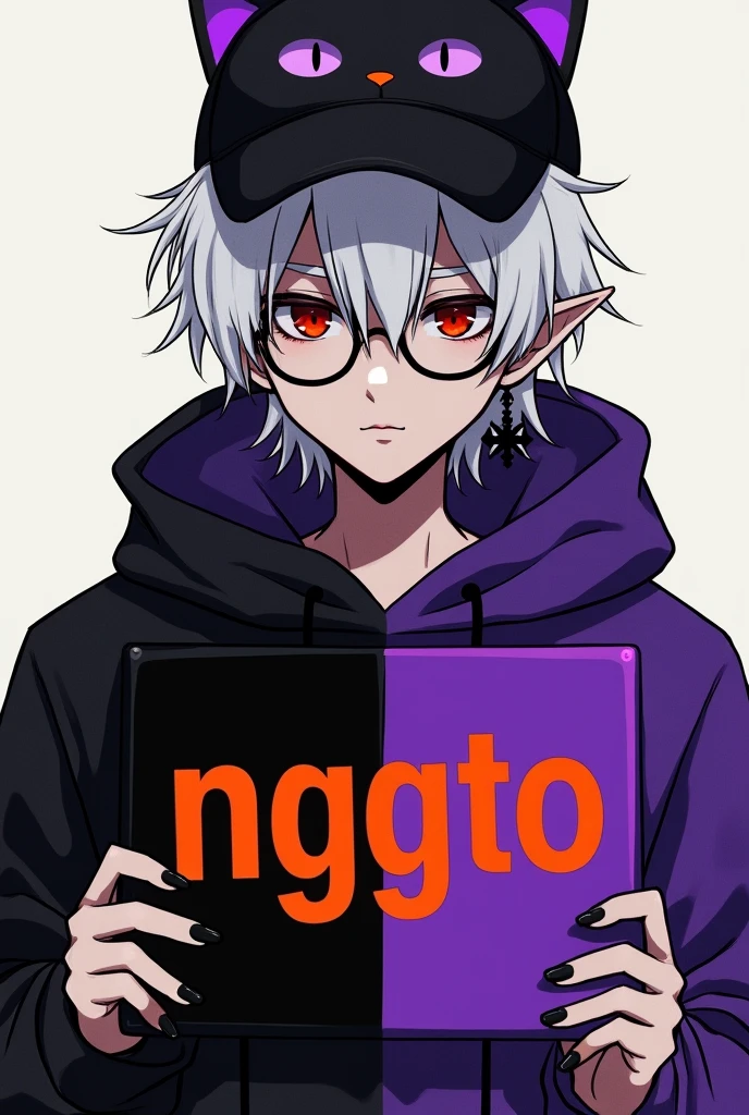 young man, Black skin tone, dark red eyes, elf ear small size, black earring in the shape of a cross but with two ears, wears prescription glasses, White hair, hair tied with ponytail, 2 strands of hair in the front, wears a black cap with a cat face, wears a closed hood with two different colors, black on one side and purple on the other, com um nome laranja Written: NGGTO. Holding a sign with a side cut that divides the colors black and purple, Written: NGGTO